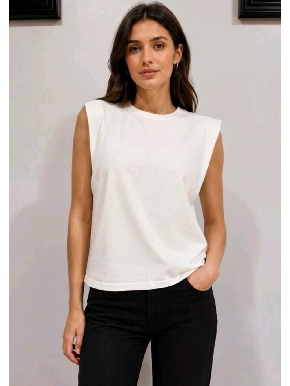The Frankie Shop Womens Boxy Muscle Tee Size S Ivory cushioned shoulders Top #CC